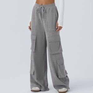 Halara Gray Ribbed Mid Rise Drawstring Pockets Wide Leg Cargo Pants Size Medium